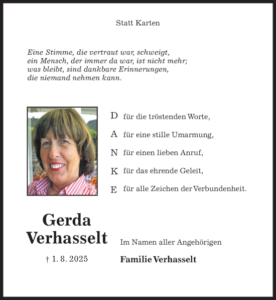 Traueranzeige von Gerda Verhasselt von Hildesheimer Allgemeine Zeitung