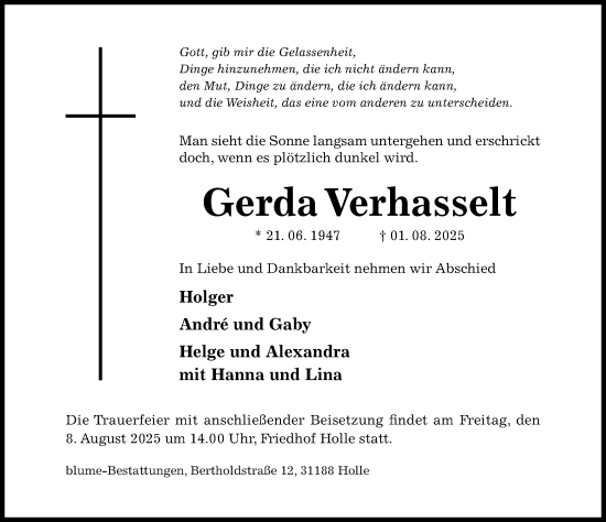 Traueranzeige von Gerda Verhasselt von Hildesheimer Allgemeine Zeitung