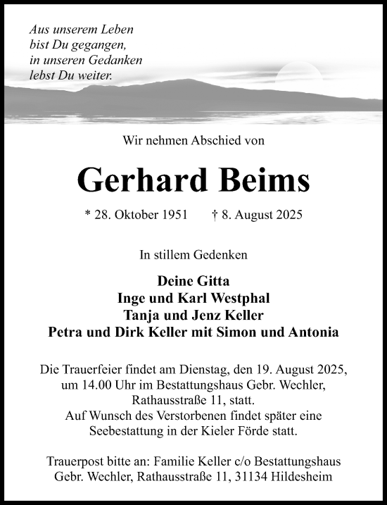 Traueranzeige von Gerhard Beims von Hildesheimer Allgemeine Zeitung