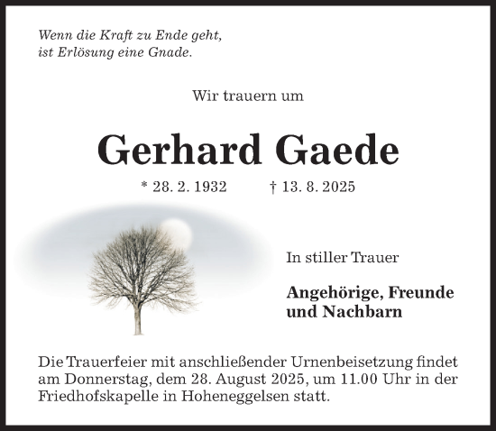 Traueranzeige von Gerhard Gaede von Hildesheimer Allgemeine Zeitung