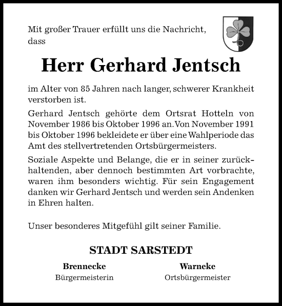 Traueranzeige von Gerhard Jentsch von Hildesheimer Allgemeine Zeitung