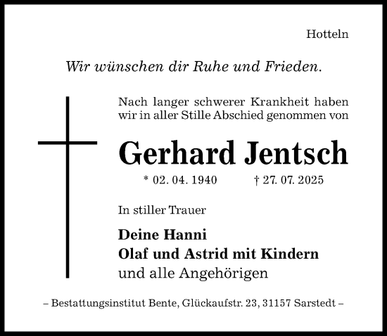 Traueranzeige von Gerhard Jentsch von Hildesheimer Allgemeine Zeitung