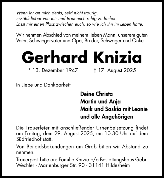 Traueranzeige von Gerhard Knizia von Hildesheimer Allgemeine Zeitung