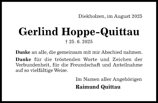 Traueranzeige von Gerlind Hoppe-Quittau von Hildesheimer Allgemeine Zeitung