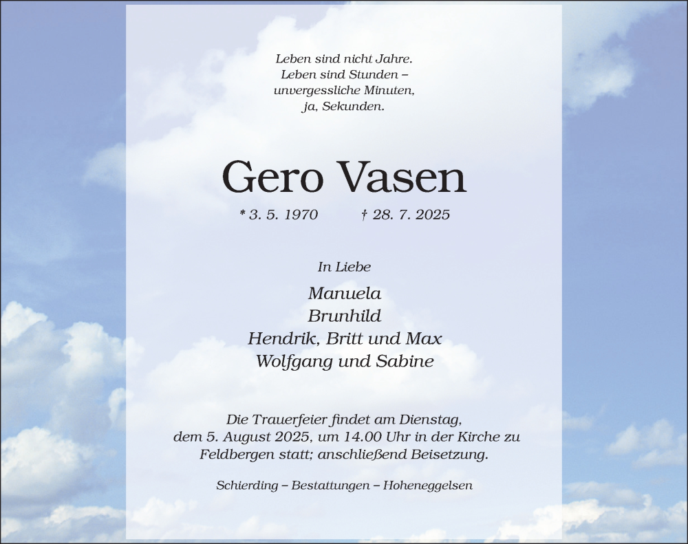  Traueranzeige für Gero Vasen vom 02.08.2025 aus Hildesheimer Allgemeine Zeitung