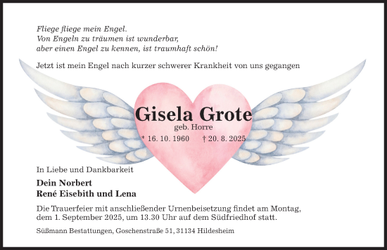 Traueranzeige von Gisela Grote von Hildesheimer Allgemeine Zeitung