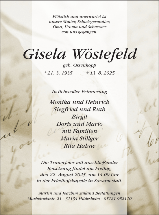 Traueranzeige von Gisela Wöstefeld von Hildesheimer Allgemeine Zeitung