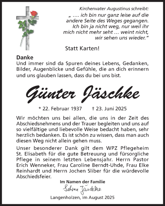 Traueranzeige von Günter Jäschke von Hildesheimer Allgemeine Zeitung