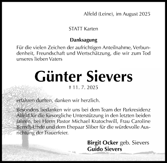 Traueranzeige von Günter Sievers von Hildesheimer Allgemeine Zeitung