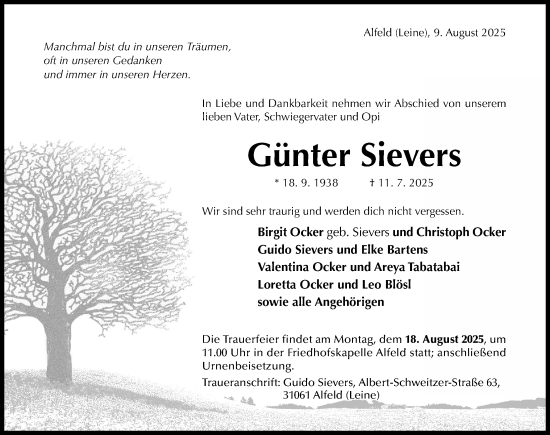 Traueranzeige von Günter Sievers von Hildesheimer Allgemeine Zeitung