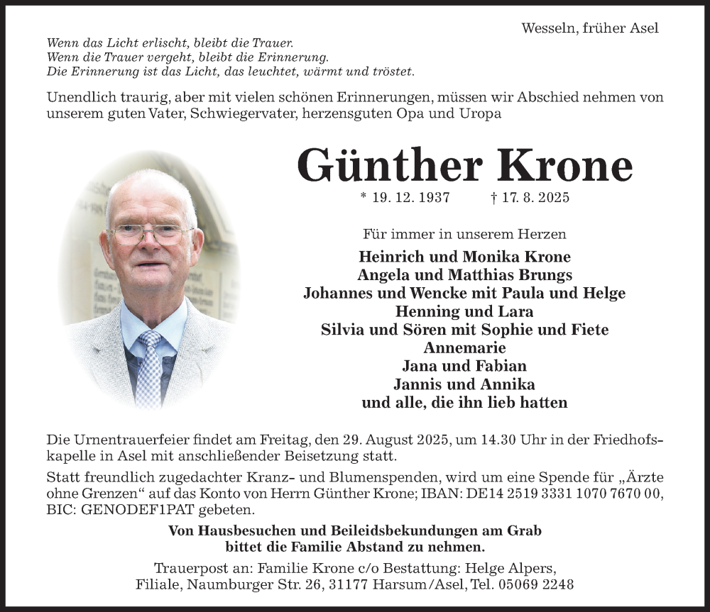  Traueranzeige für Günther Krone vom 23.08.2025 aus Hildesheimer Allgemeine Zeitung