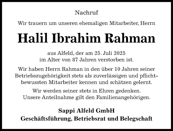 Traueranzeige von Halil Ibrahim Rahman von Hildesheimer Allgemeine Zeitung