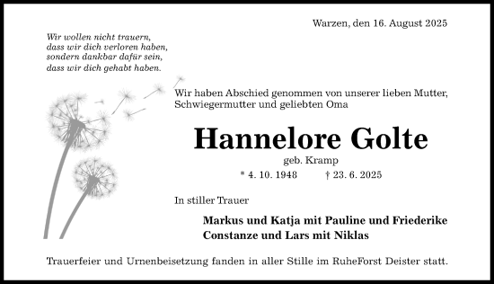 Traueranzeige von Hannelore Golte von Hildesheimer Allgemeine Zeitung