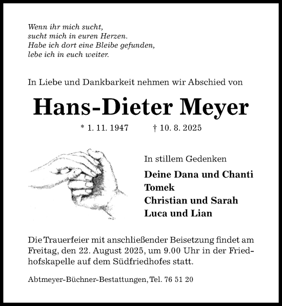 Traueranzeige von Hans-Dieter Meyer von Hildesheimer Allgemeine Zeitung