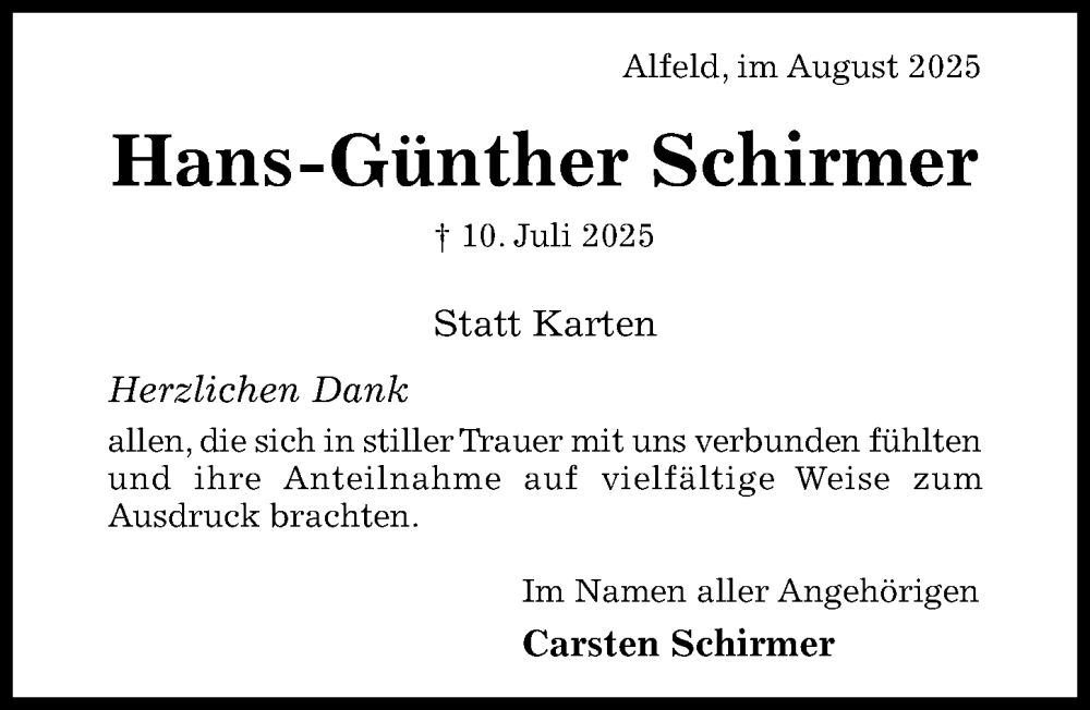  Traueranzeige für Hans-Günther Schirmer vom 16.08.2025 aus Hildesheimer Allgemeine Zeitung