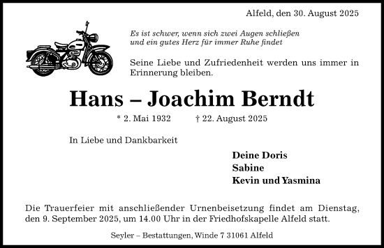 Traueranzeige von Hans-Joachim Berndt von Hildesheimer Allgemeine Zeitung