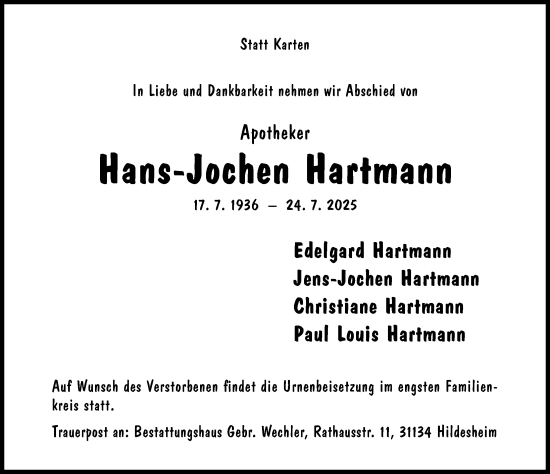 Traueranzeige von Hans-Jochen Hartmann von Hildesheimer Allgemeine Zeitung