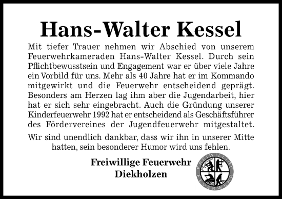 Traueranzeige von Hans-Walter Kessel von Hildesheimer Allgemeine Zeitung