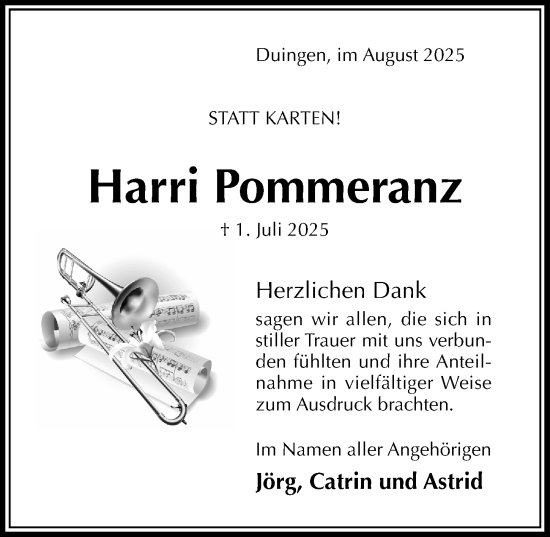 Traueranzeige von Harri Pommeranz von Hildesheimer Allgemeine Zeitung