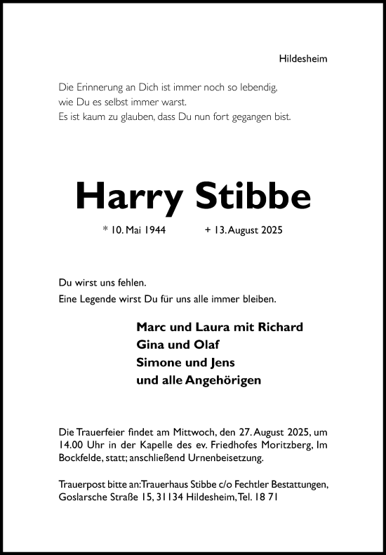 Traueranzeige von Harry Stibbe von Hildesheimer Allgemeine Zeitung