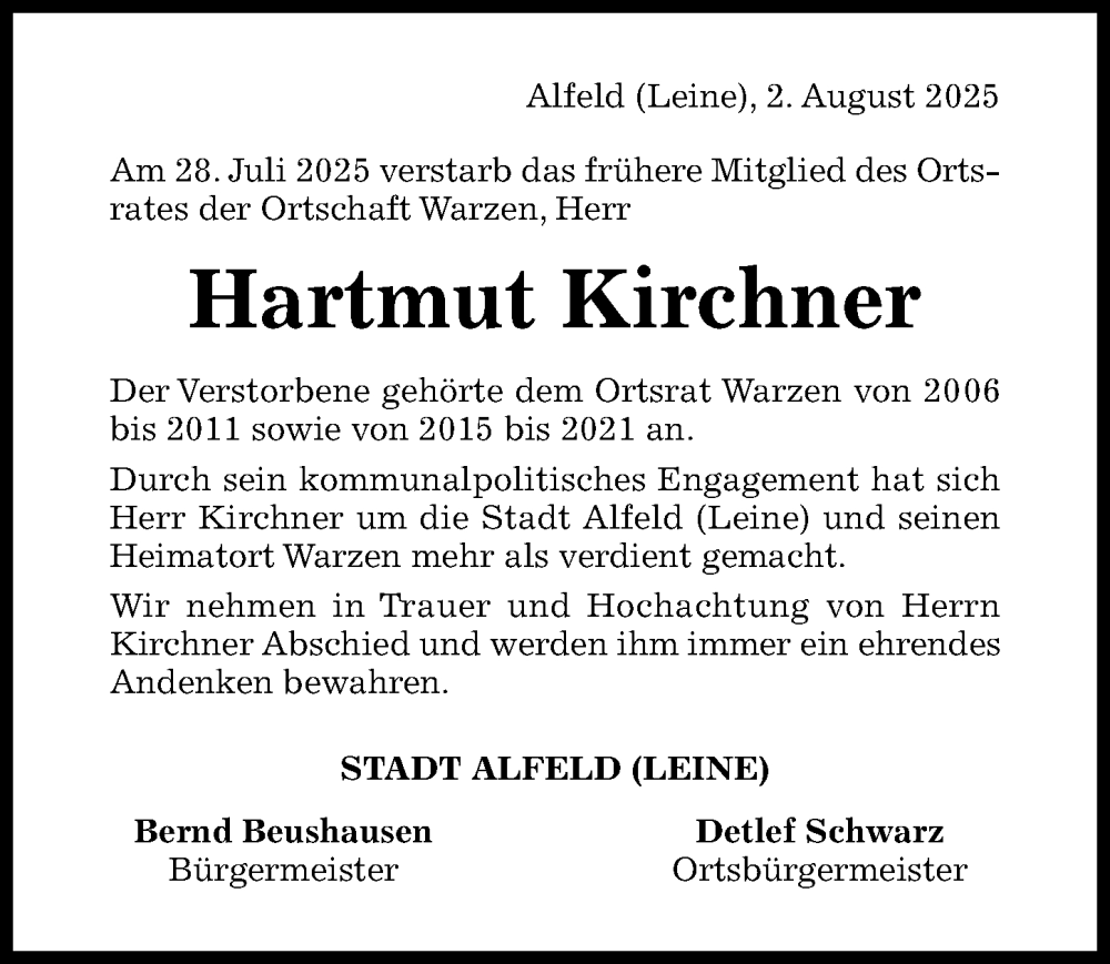  Traueranzeige für Hartmut Kirchner vom 23.08.2025 aus Hildesheimer Allgemeine Zeitung
