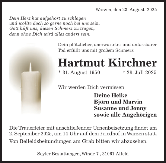 Traueranzeige von Hartmut Kirchner von Hildesheimer Allgemeine Zeitung