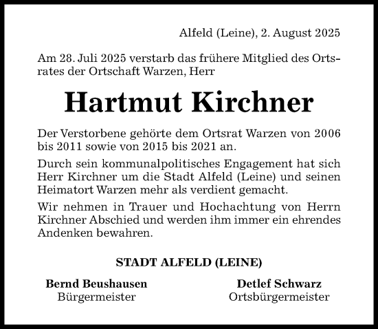 Traueranzeige von Hartmut Kirchner von Hildesheimer Allgemeine Zeitung