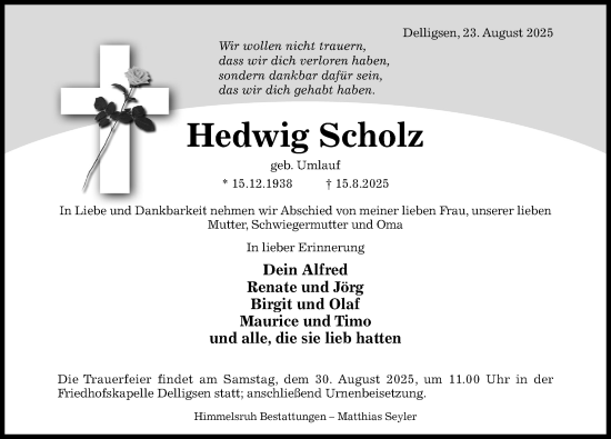 Traueranzeige von Hedwig Scholz von Hildesheimer Allgemeine Zeitung