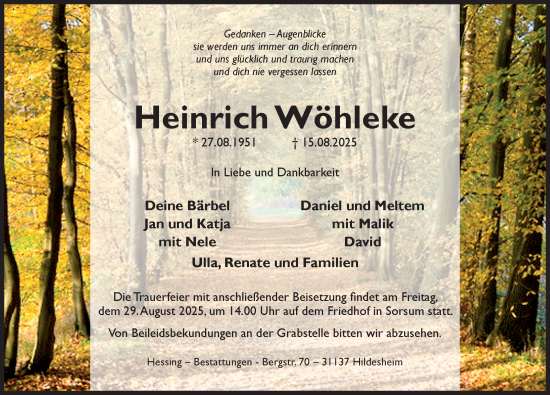 Traueranzeige von Heinrich Wöhleke von Hildesheimer Allgemeine Zeitung