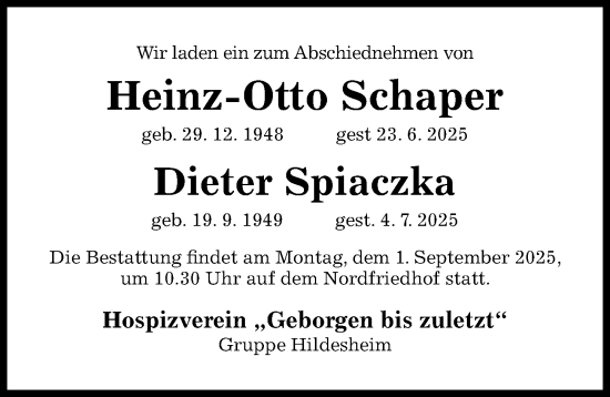Traueranzeige von Heinz-Otto Schaper von Hildesheimer Allgemeine Zeitung