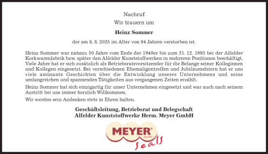 Traueranzeige von Heinz Sommer von Hildesheimer Allgemeine Zeitung