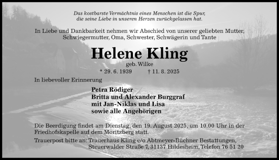 Traueranzeige von Helene Kling von Hildesheimer Allgemeine Zeitung