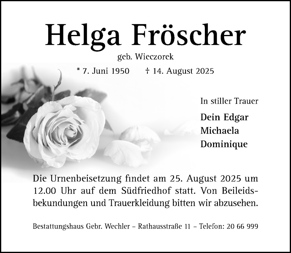 Traueranzeige für Helga Fröscher vom 20.08.2025 aus Hildesheimer Allgemeine Zeitung