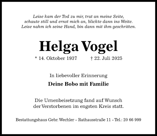 Traueranzeige von Helga Vogel von Hildesheimer Allgemeine Zeitung