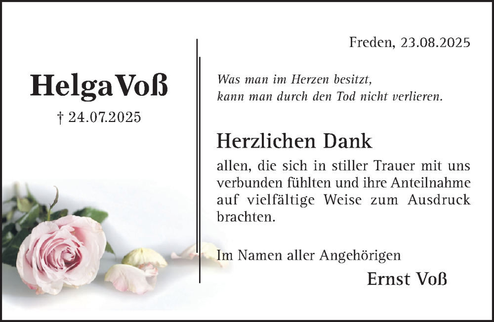  Traueranzeige für Helga Voß vom 23.08.2025 aus Hildesheimer Allgemeine Zeitung
