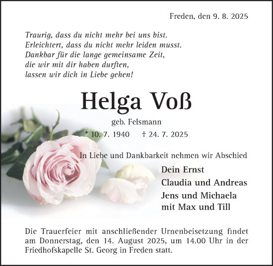 Traueranzeige von Helga Voß von Hildesheimer Allgemeine Zeitung