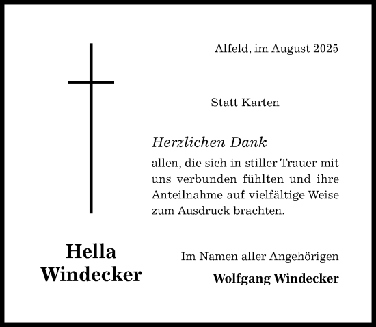 Traueranzeige von Hella Windecker von Hildesheimer Allgemeine Zeitung