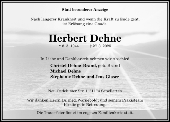 Traueranzeige von Herbert Dehne von Hildesheimer Allgemeine Zeitung