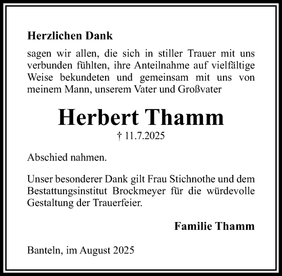 Traueranzeige von Herbert Thamm von Hildesheimer Allgemeine Zeitung