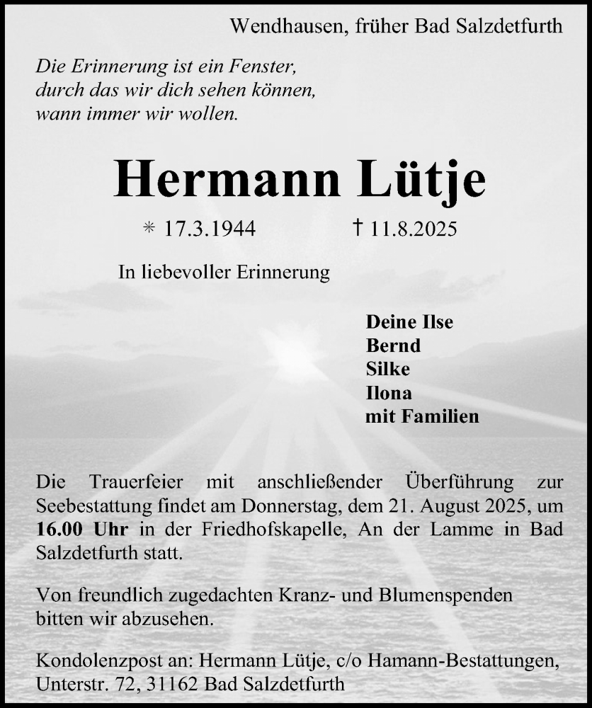  Traueranzeige für Hermann Lütje vom 14.08.2025 aus Hildesheimer Allgemeine Zeitung
