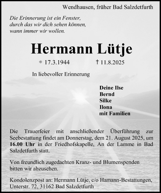 Traueranzeige von Hermann Lütje von Hildesheimer Allgemeine Zeitung