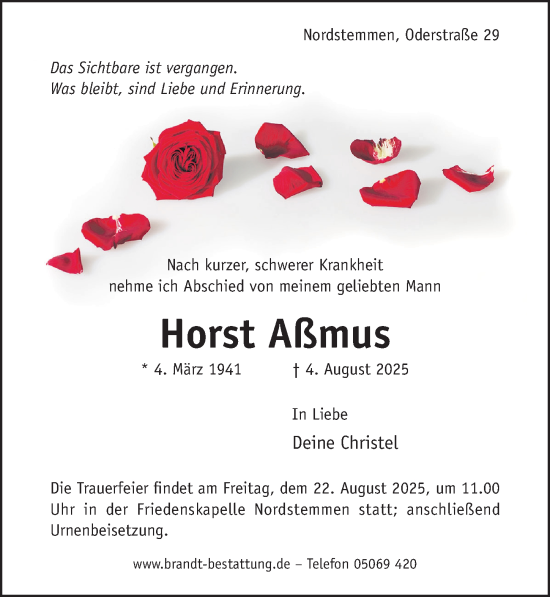 Traueranzeige von Horst Aßmus von Hildesheimer Allgemeine Zeitung