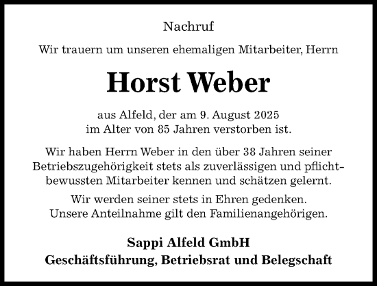Traueranzeige von Horst Weber von Hildesheimer Allgemeine Zeitung