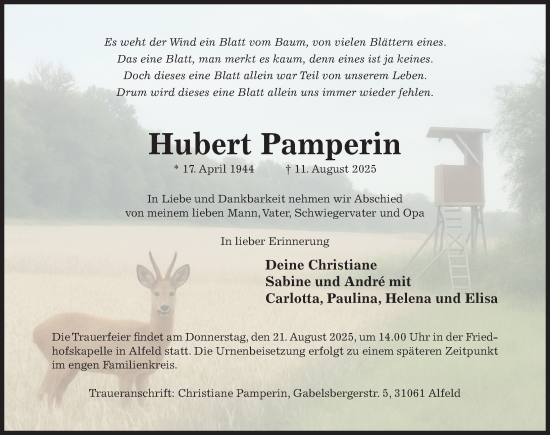 Traueranzeige von Hubert Pamperin von Hildesheimer Allgemeine Zeitung