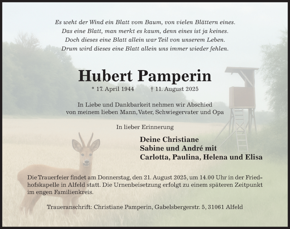  Traueranzeige für Hubert Pamperin vom 16.08.2025 aus Hildesheimer Allgemeine Zeitung