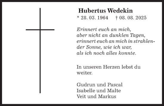 Traueranzeige von Hubertus Wedekin von Hildesheimer Allgemeine Zeitung