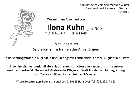 Traueranzeige von Ilona Kuhn von Hildesheimer Allgemeine Zeitung