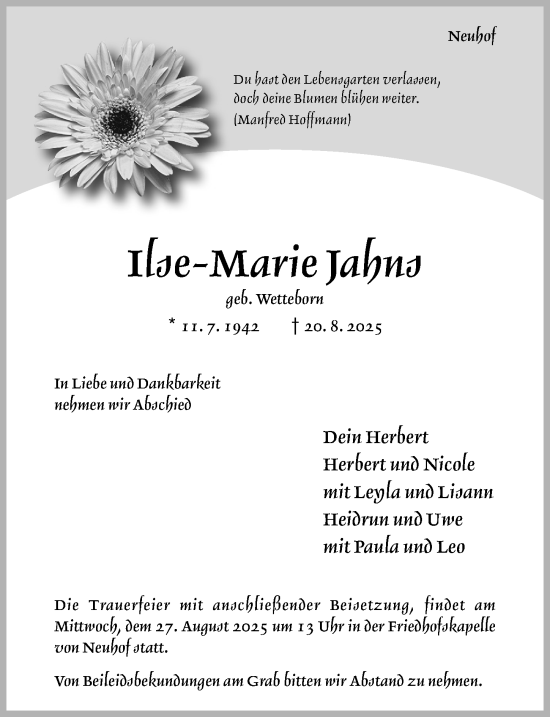 Traueranzeige von Ilse-Marie Jahns von Hildesheimer Allgemeine Zeitung