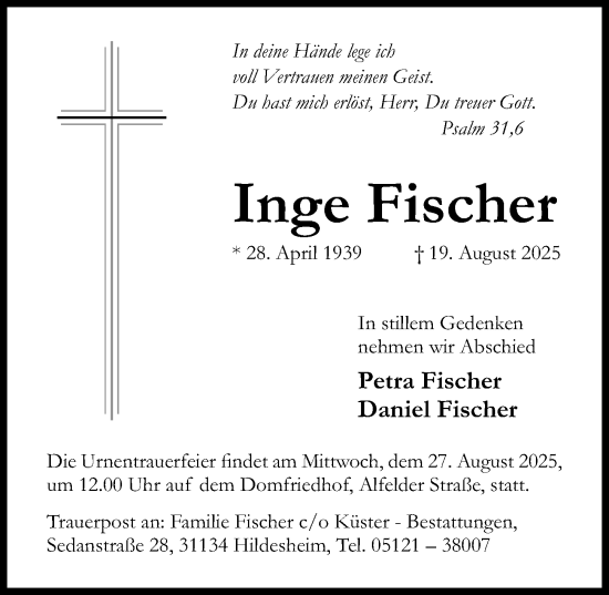 Traueranzeige von Inge Fischer von Hildesheimer Allgemeine Zeitung