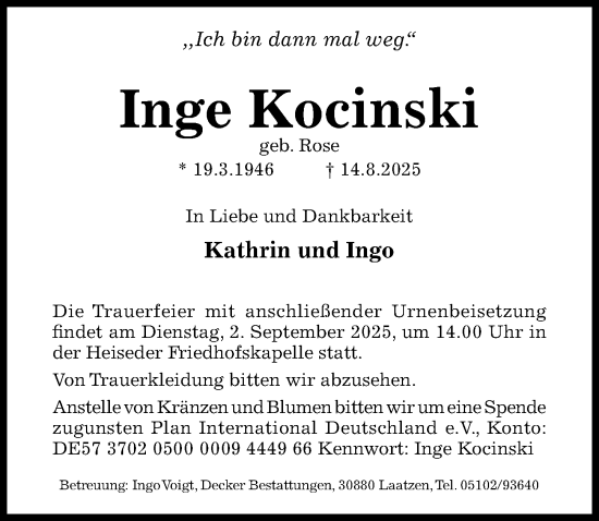 Traueranzeige von Inge Kocinski von Hildesheimer Allgemeine Zeitung
